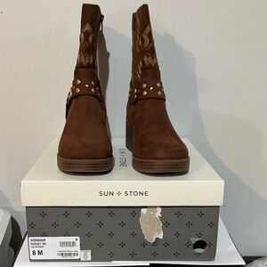 Sun + Stone Norahhf Russet Faux Suede boot With Gold embroidery